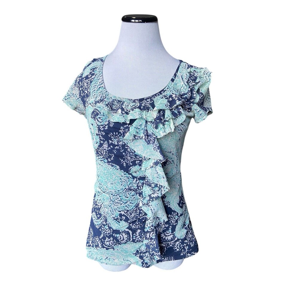 Womens Y2K‎ Ruffle Front Mesh Top Size S Blue Asymmetrical Stretch Fitted Fairy